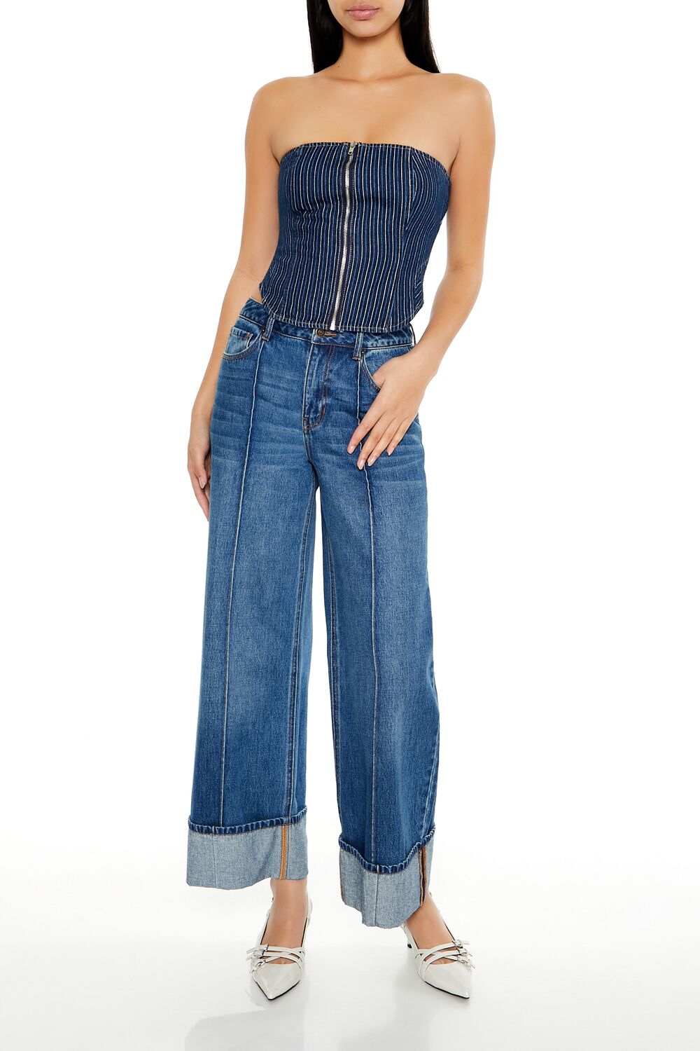 Striped Denim Tube Crop Top-Feelings Star