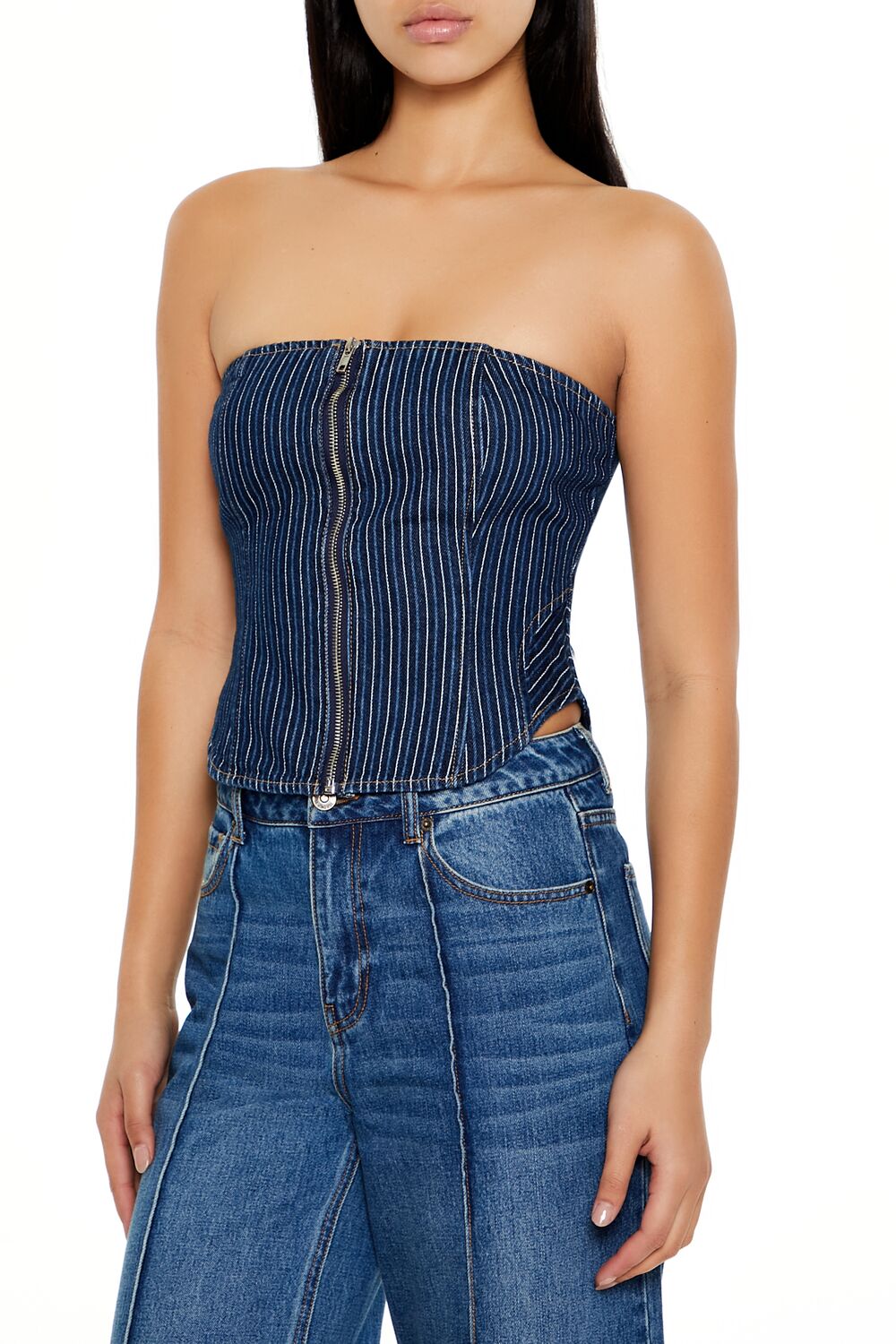 Striped Denim Tube Crop Top-Feelings Star