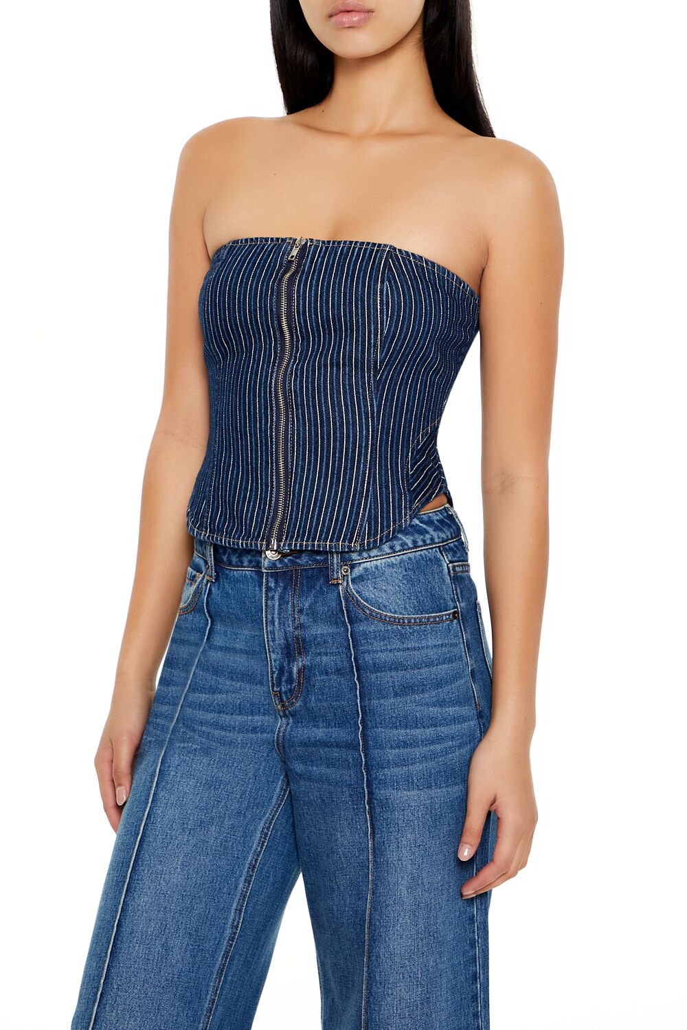 Striped Denim Tube Crop Top-Feelings Star