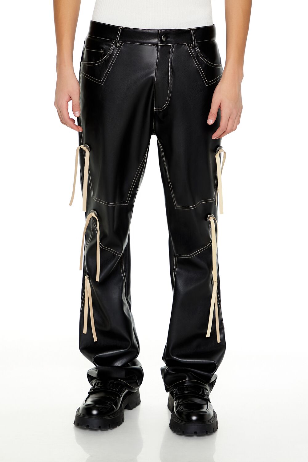 Two-Tone Faux Leather Flare Pants-Feelings Star