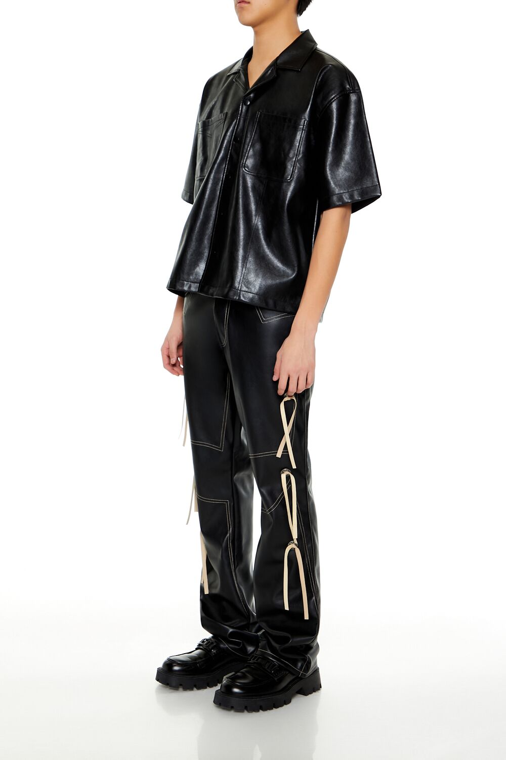 Two-Tone Faux Leather Flare Pants-Feelings Star