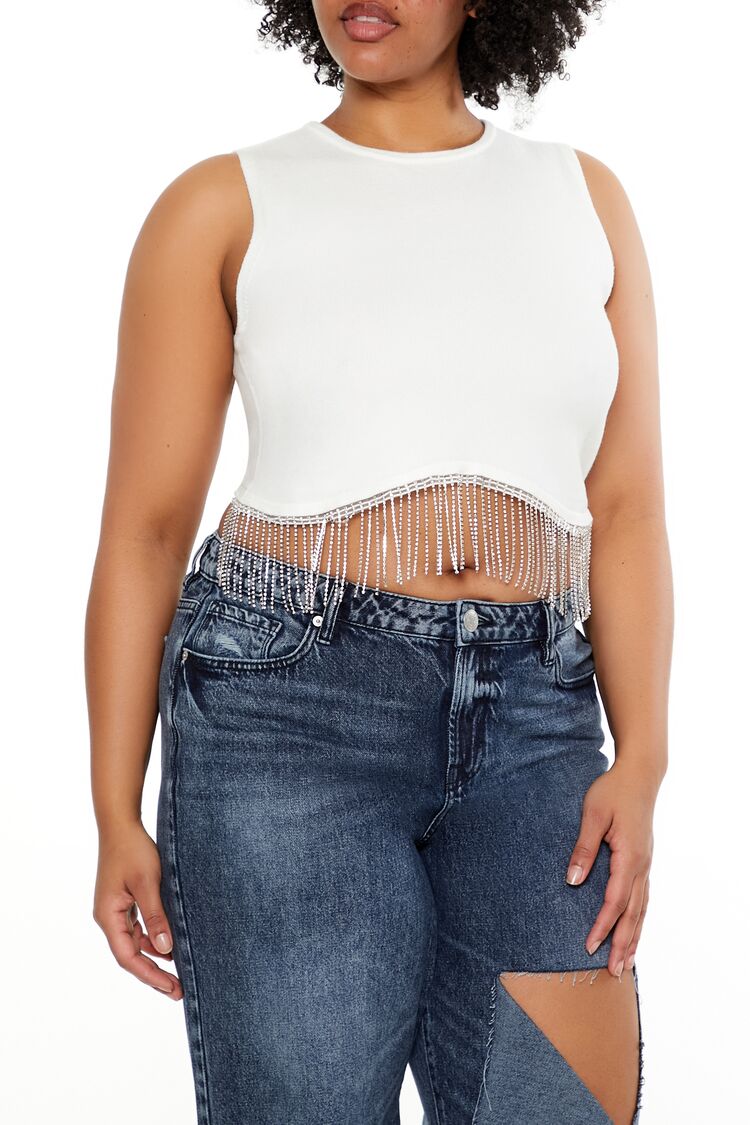 Plus Size Sweater-Knit Rhinestone Crop Top-Feelings Star