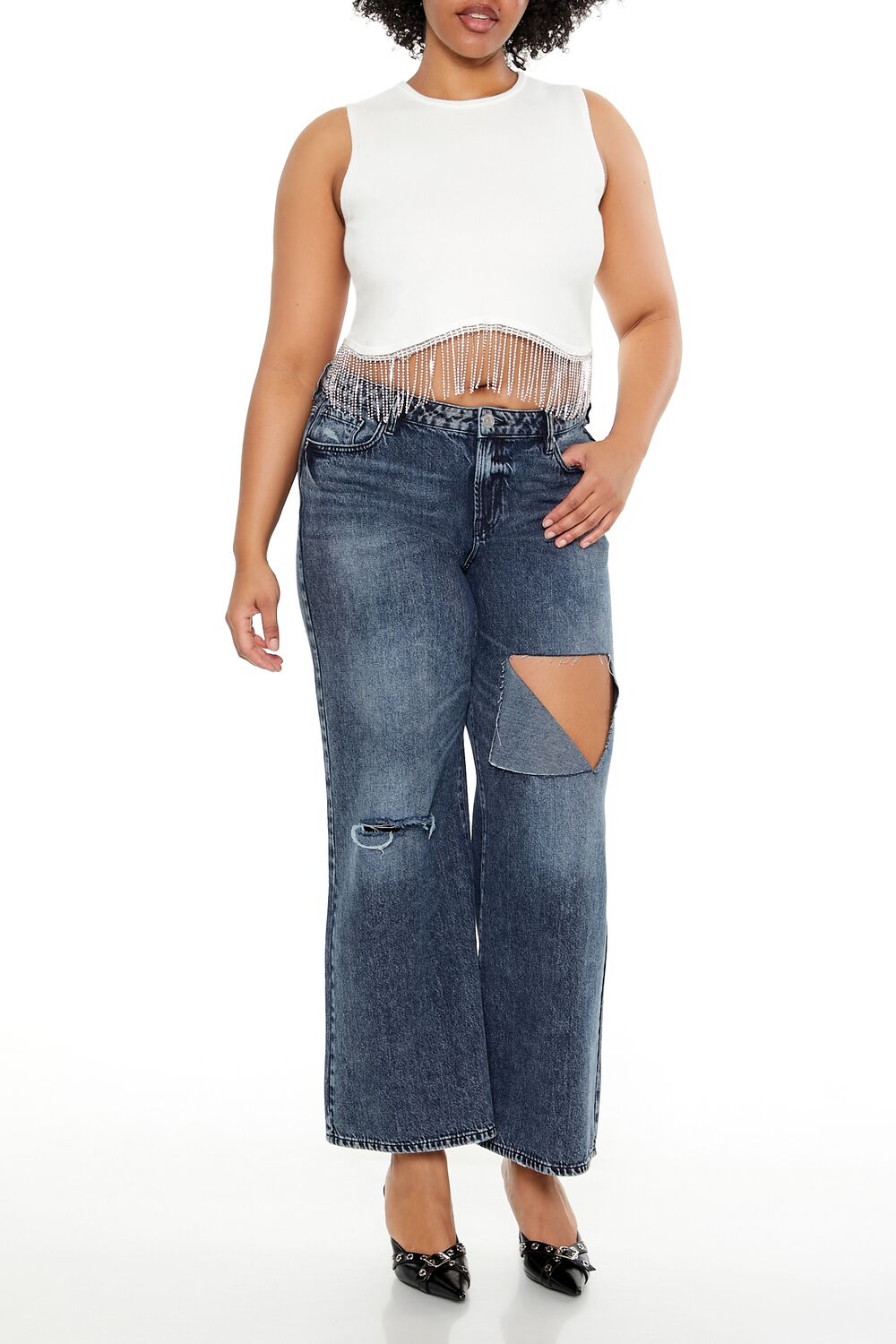 Plus Size Sweater-Knit Rhinestone Crop Top-Feelings Star