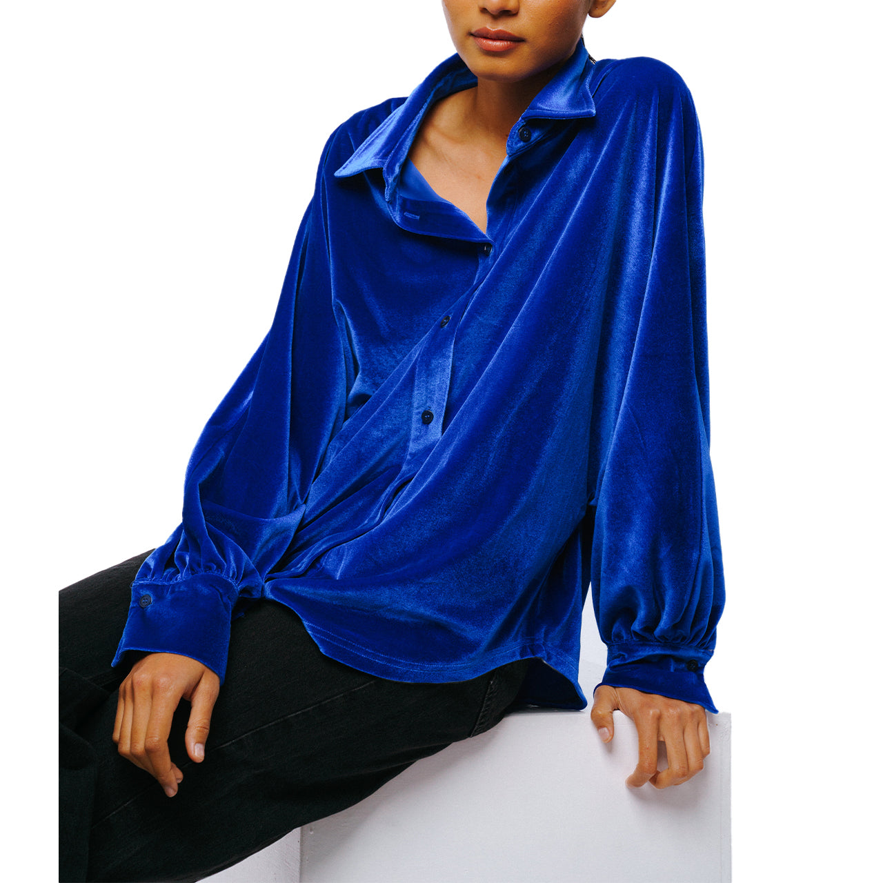 Amira Oversized Button Down Velvet Top-Feelings Star