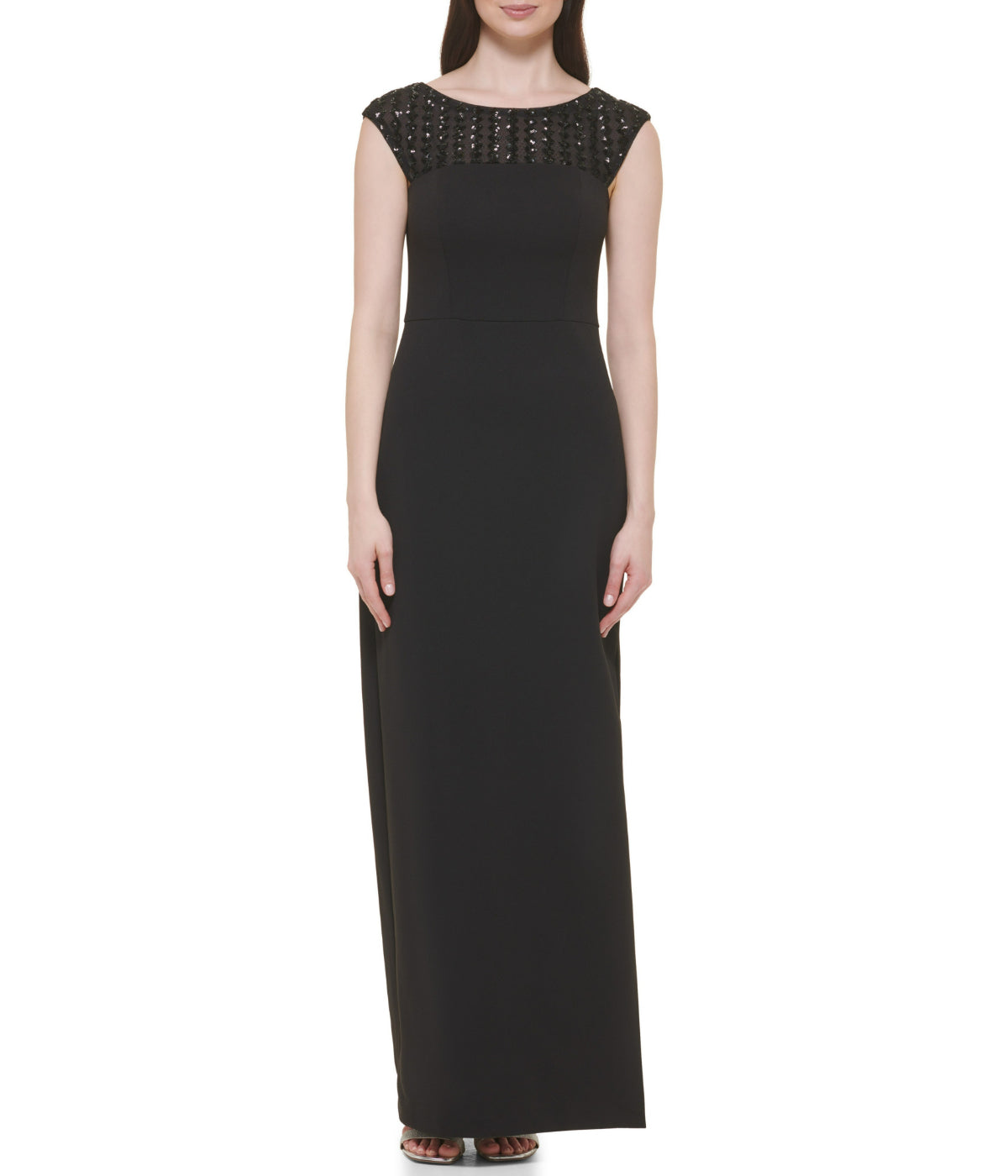 Cap Sleeve Boat Shape Illusion Neck Gown W/ Side Slit Black Gold-Feelings Star