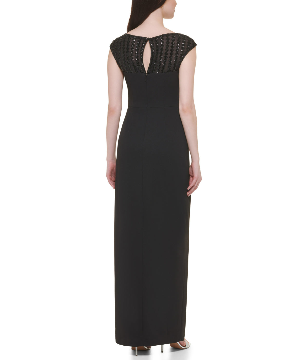 Cap Sleeve Boat Shape Illusion Neck Gown W/ Side Slit Black Gold-Feelings Star