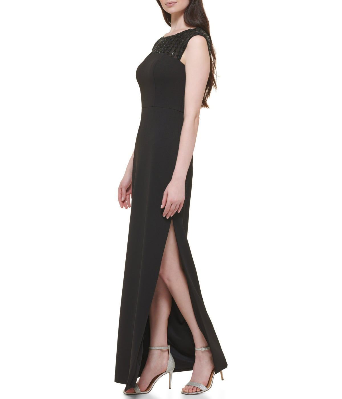 Cap Sleeve Boat Shape Illusion Neck Gown W/ Side Slit Black Gold-Feelings Star