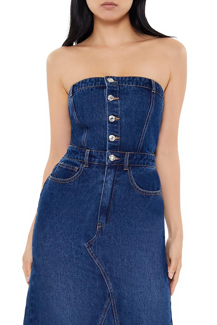 Button-Front Denim Tube Dress-Feelings Star