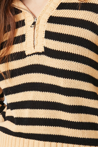 Striped Hooded Half-Zip Sweater-Feelings Star