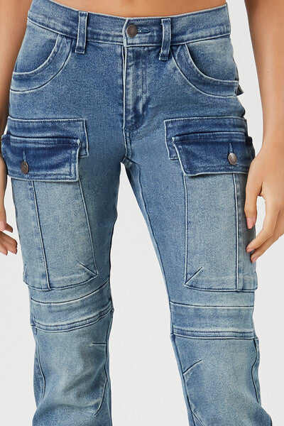 Stretch-Denim Cargo Bootcut Jeans-Feelings Star