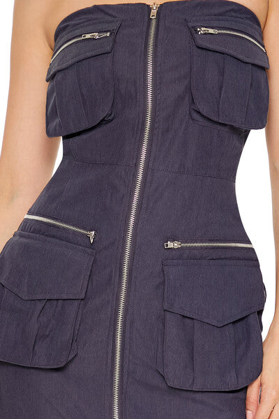 Strapless Zip-Up Cargo Midi Dress-Feelings Star