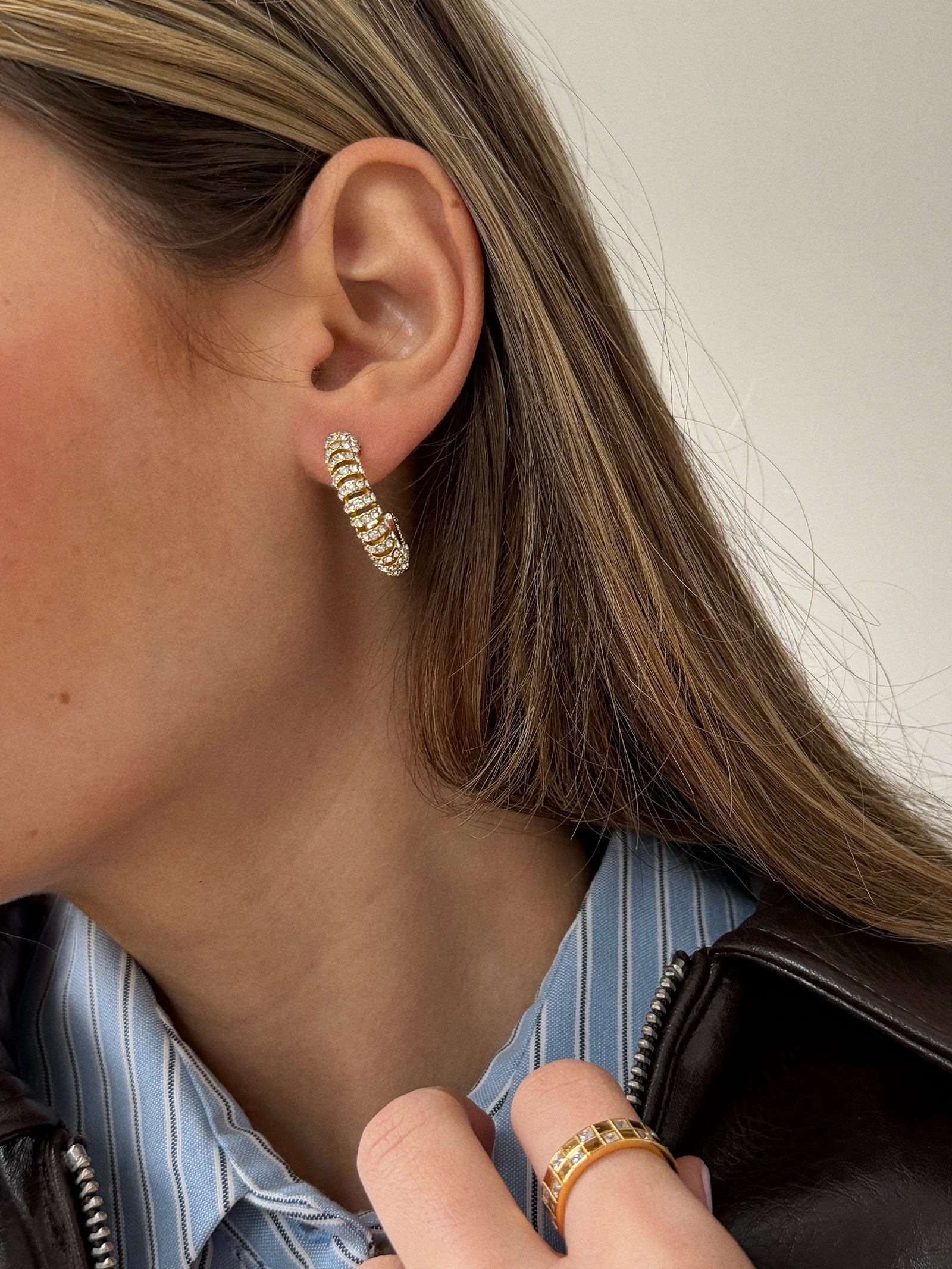 Gold and Crystal Tube Hoop Earrings - Gold/Pavé-Blues Comming