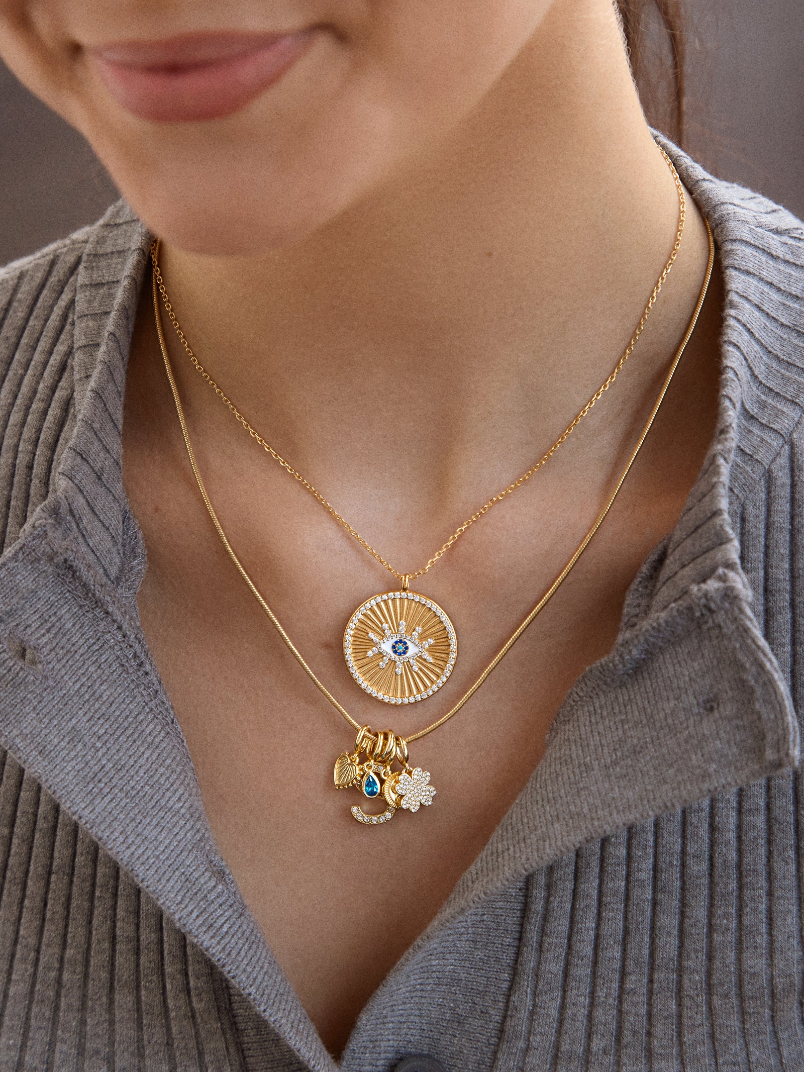 18K Gold Evil Eye Reversible Pendant Necklace - Evil Eye-Blues Comming