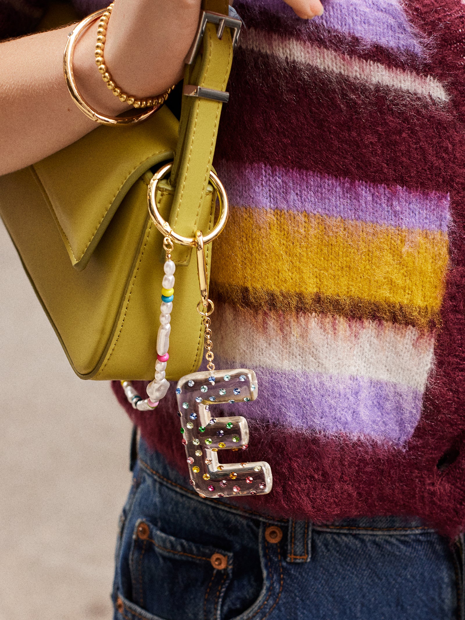 Confetti Initial Bag Charm - Multi-Blues Comming