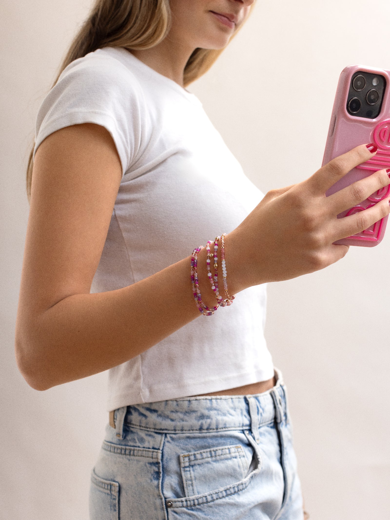 Indya Semi-Precious Layered Bracelet Set - Pink Multi-Blues Comming