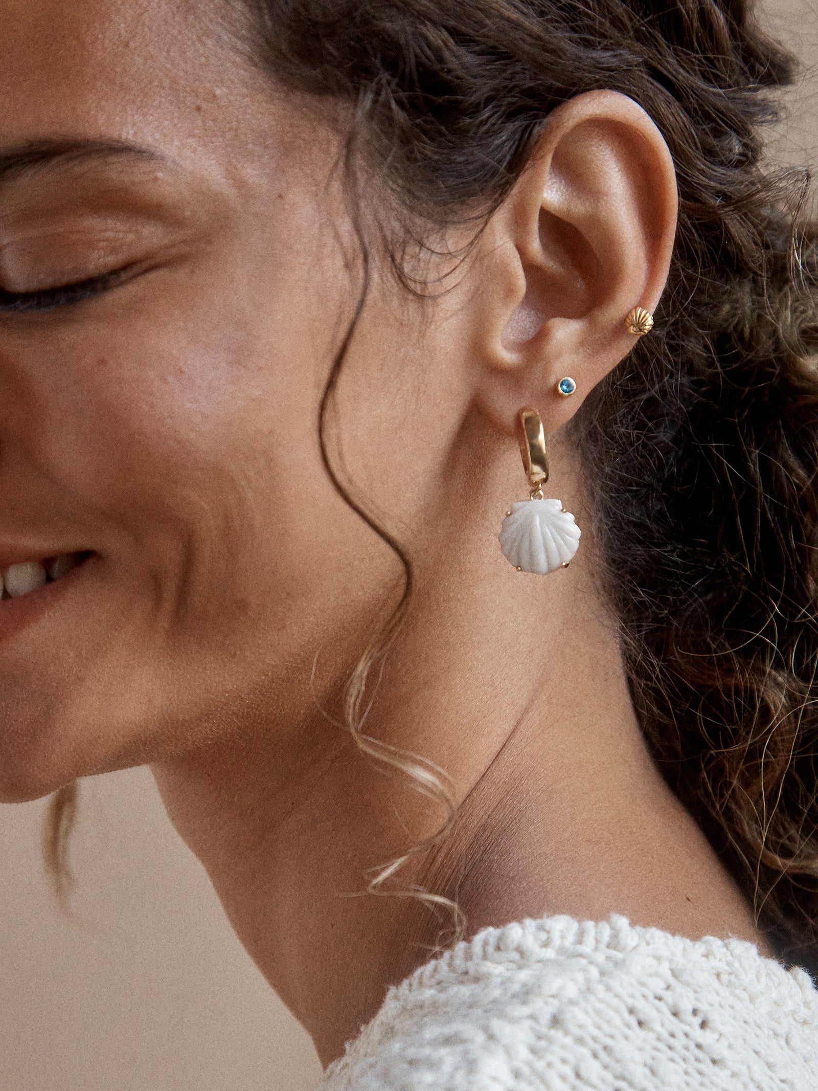 Genevieve Seashell Earrings - Gold/White-Blues Comming