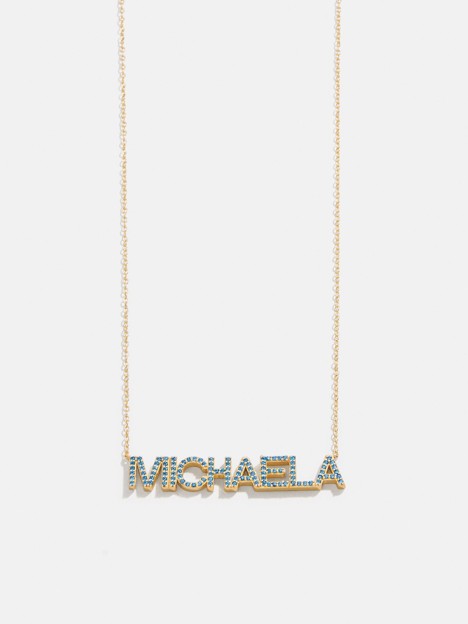 18K Gold Birthstone Custom Nameplate Necklace - Blue Zircon-Blues Comming
