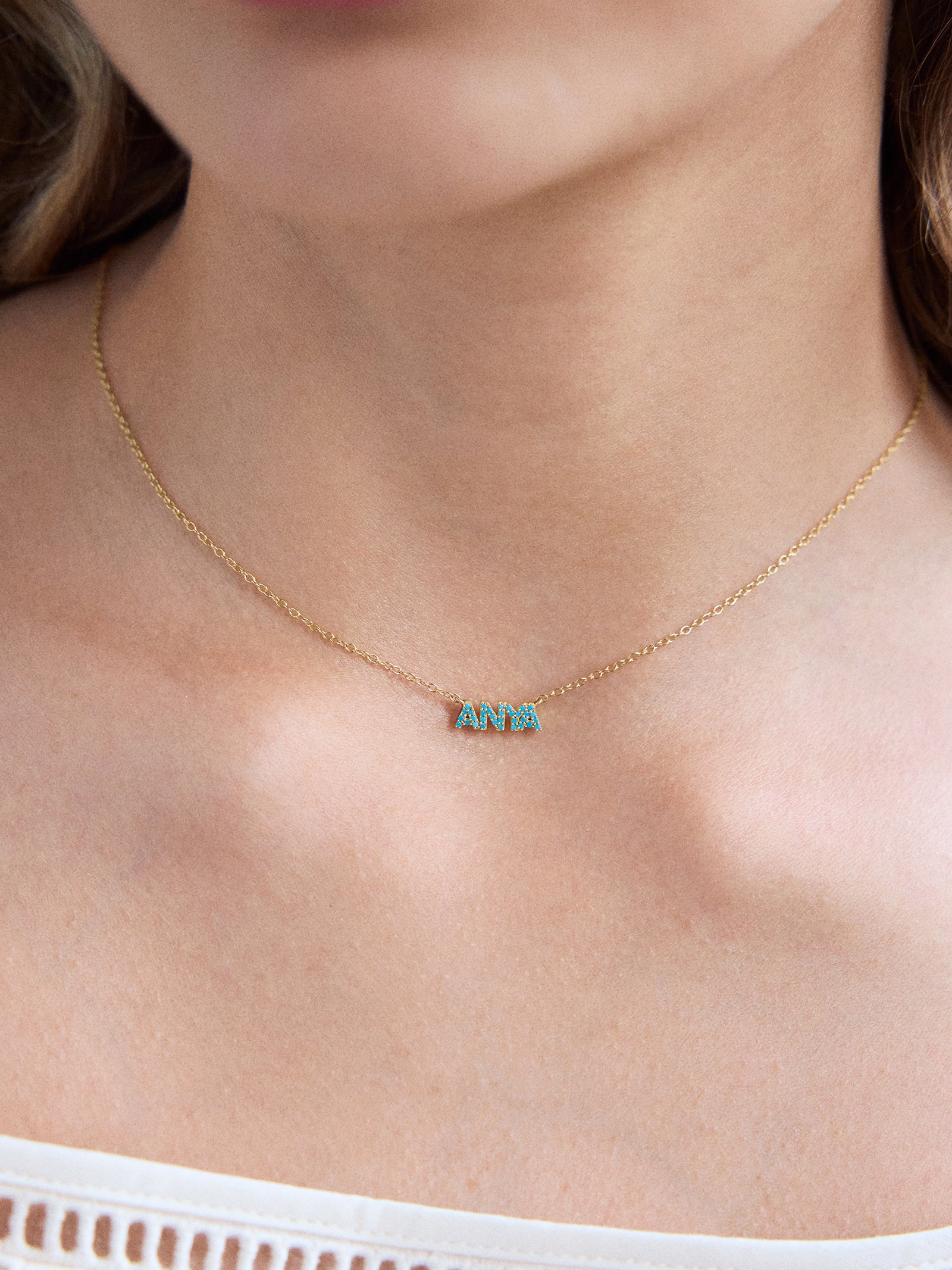 18K Gold Semi-Precious Custom Nameplate Necklace - Turquoise-Blues Comming