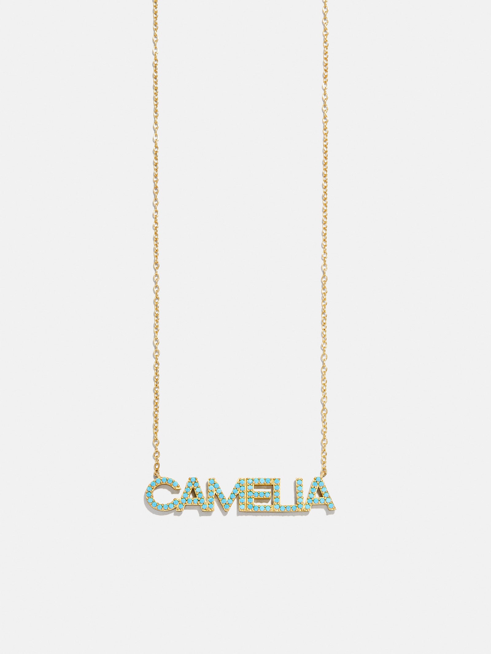 18K Gold Semi-Precious Custom Nameplate Necklace - Turquoise-Blues Comming