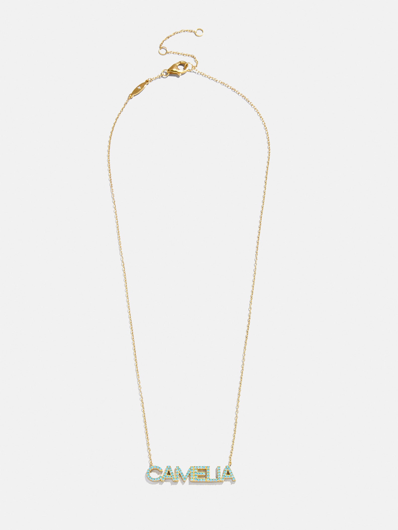 18K Gold Semi-Precious Custom Nameplate Necklace - Turquoise-Blues Comming