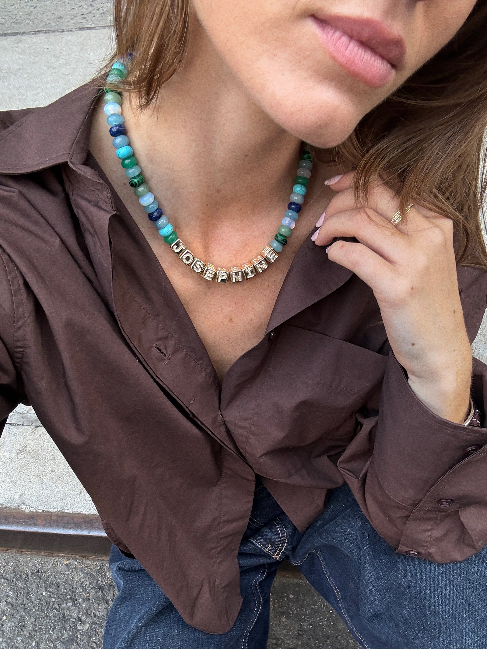 Block Letter Beaded Custom Necklace - Blue Multi-Blues Comming