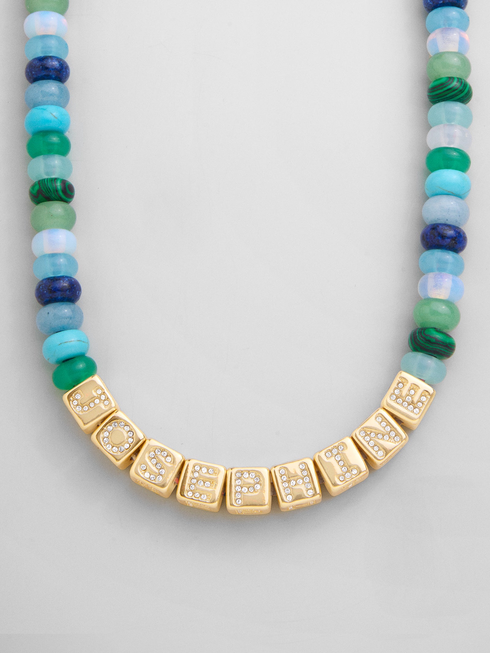 Block Letter Beaded Custom Necklace - Blue Multi-Blues Comming
