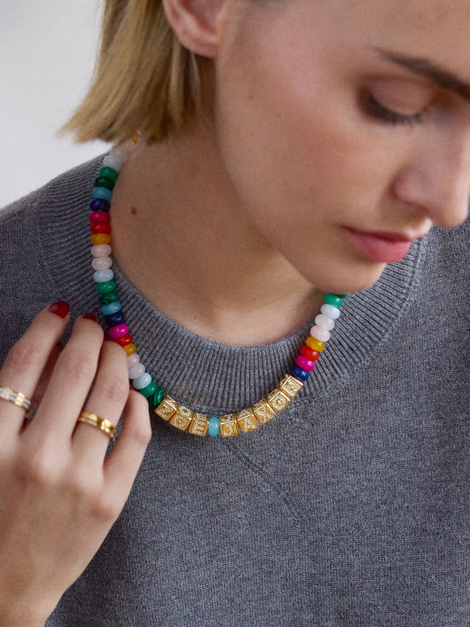 Block Letter Beaded Custom Necklace - Multi-Blues Comming