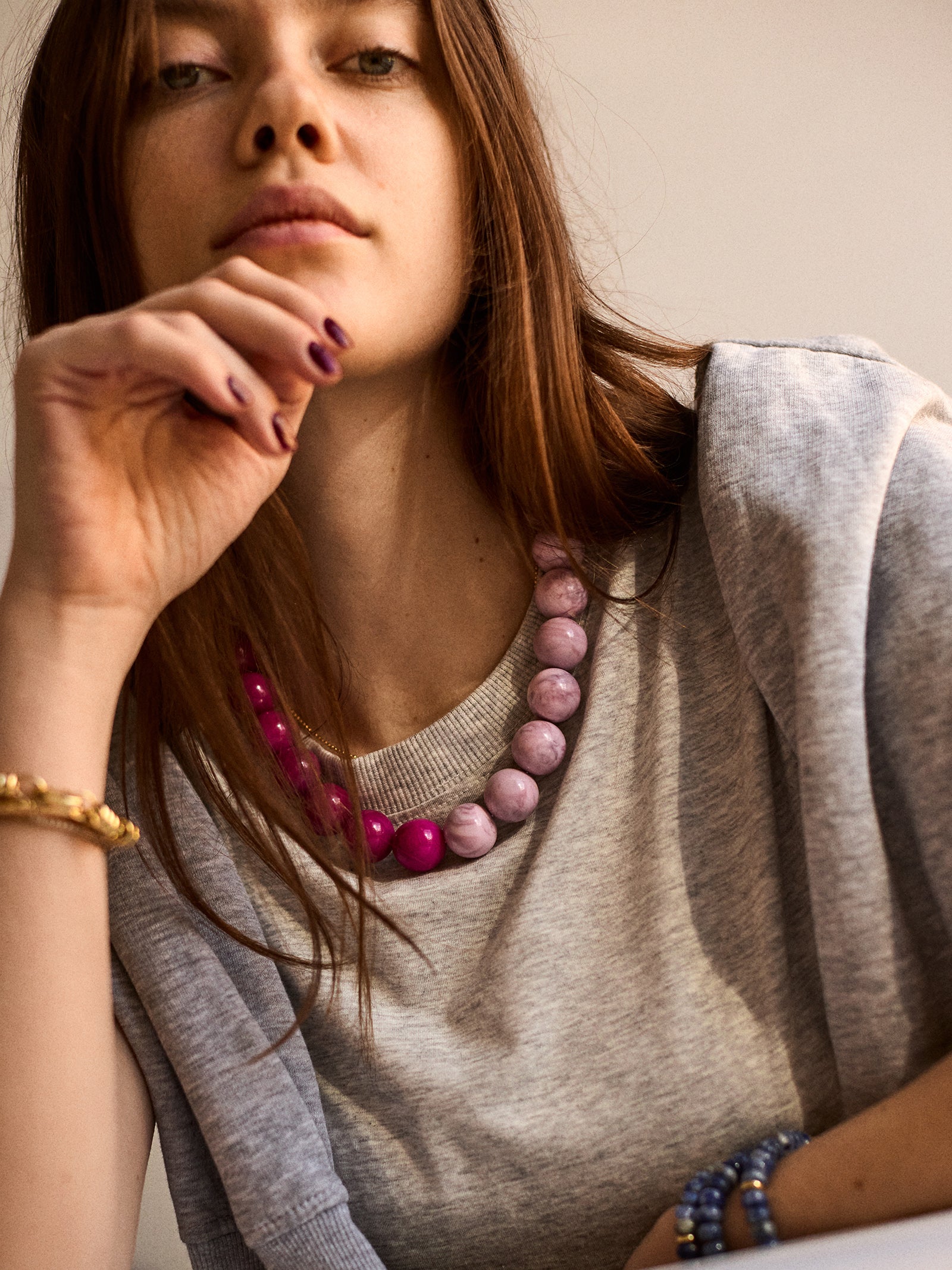 Jane Beaded Necklace - Dark Pink Quartz/Smoky Rose Quartz-Blues Comming