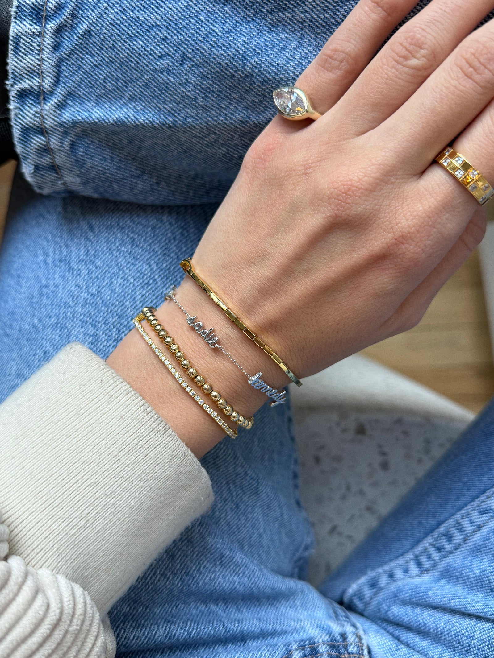 14K Sterling Silver Custom Script Multi Name Bracelet - 3 Names-Blues Comming