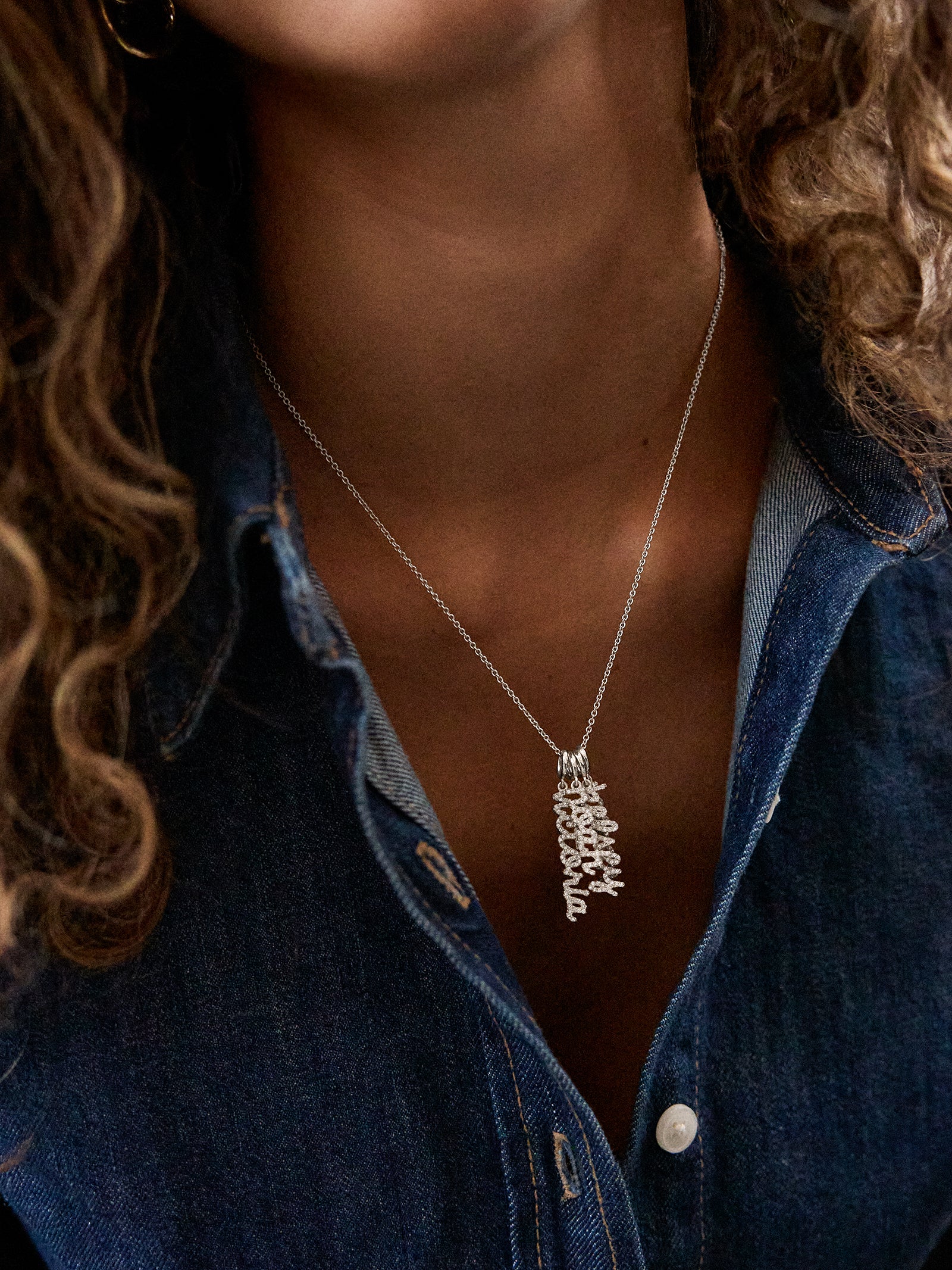 Mini Silver Pavé Script Cluster Custom Nameplate Necklace - 1 Name-Blues Comming