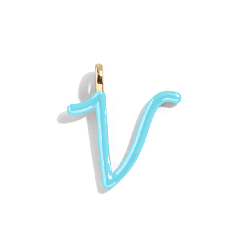 Custom Turquoise Enamel Script Letter Charm - V-Blues Comming