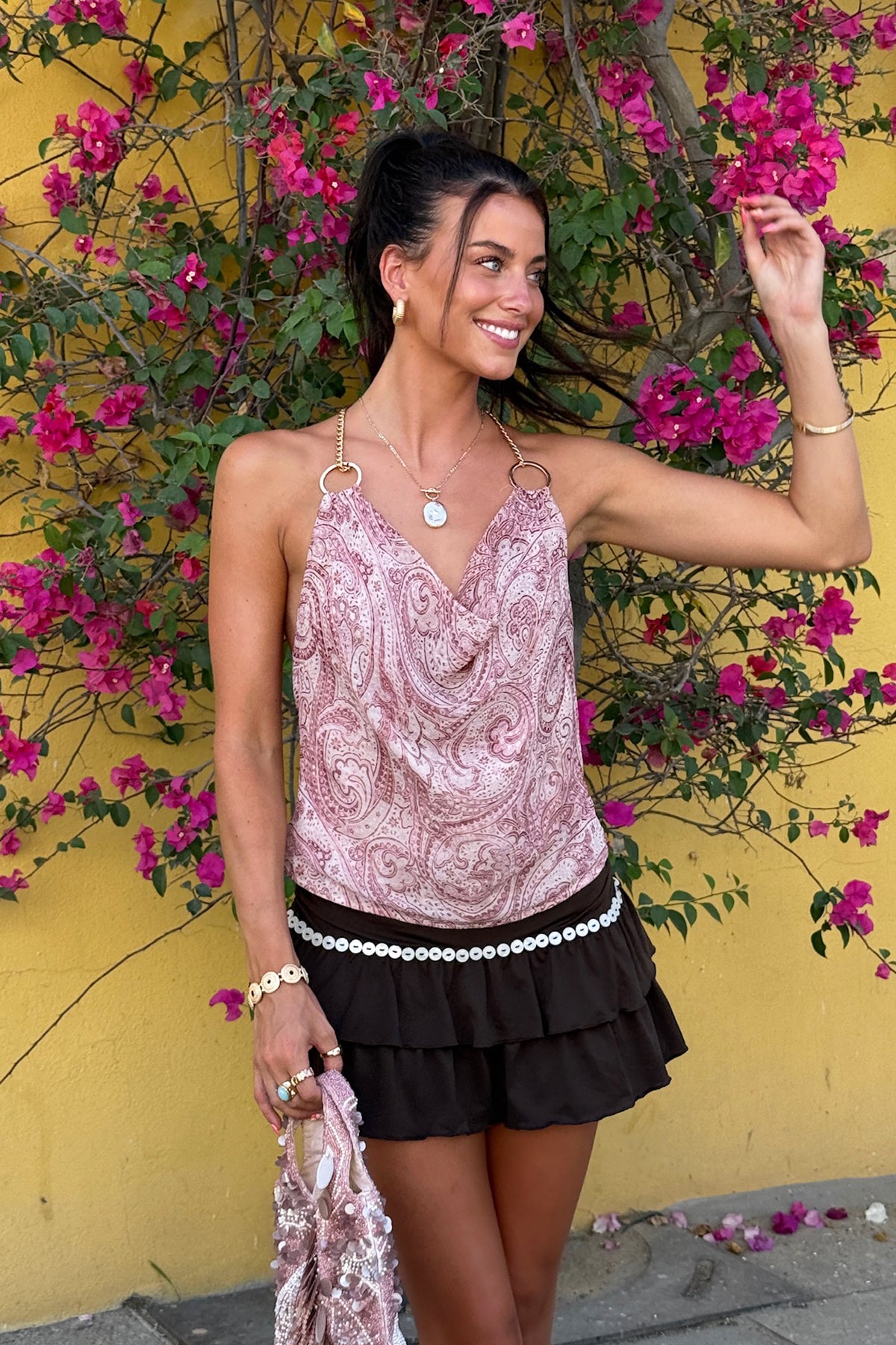 Printed Halter Chain Cowl Neck Top-Milans Time