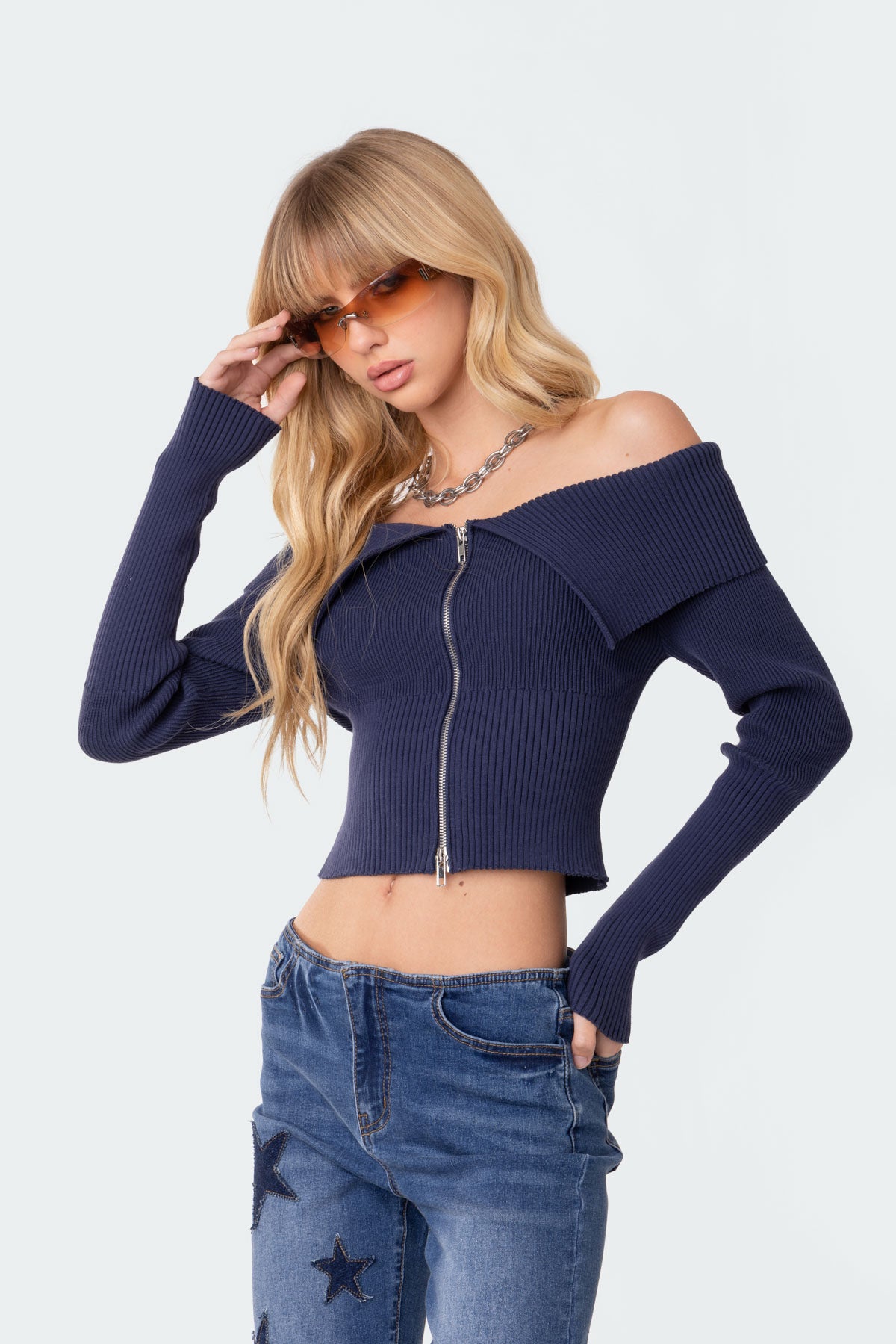 Fold Over Double Zip Knit Top-Milans Time