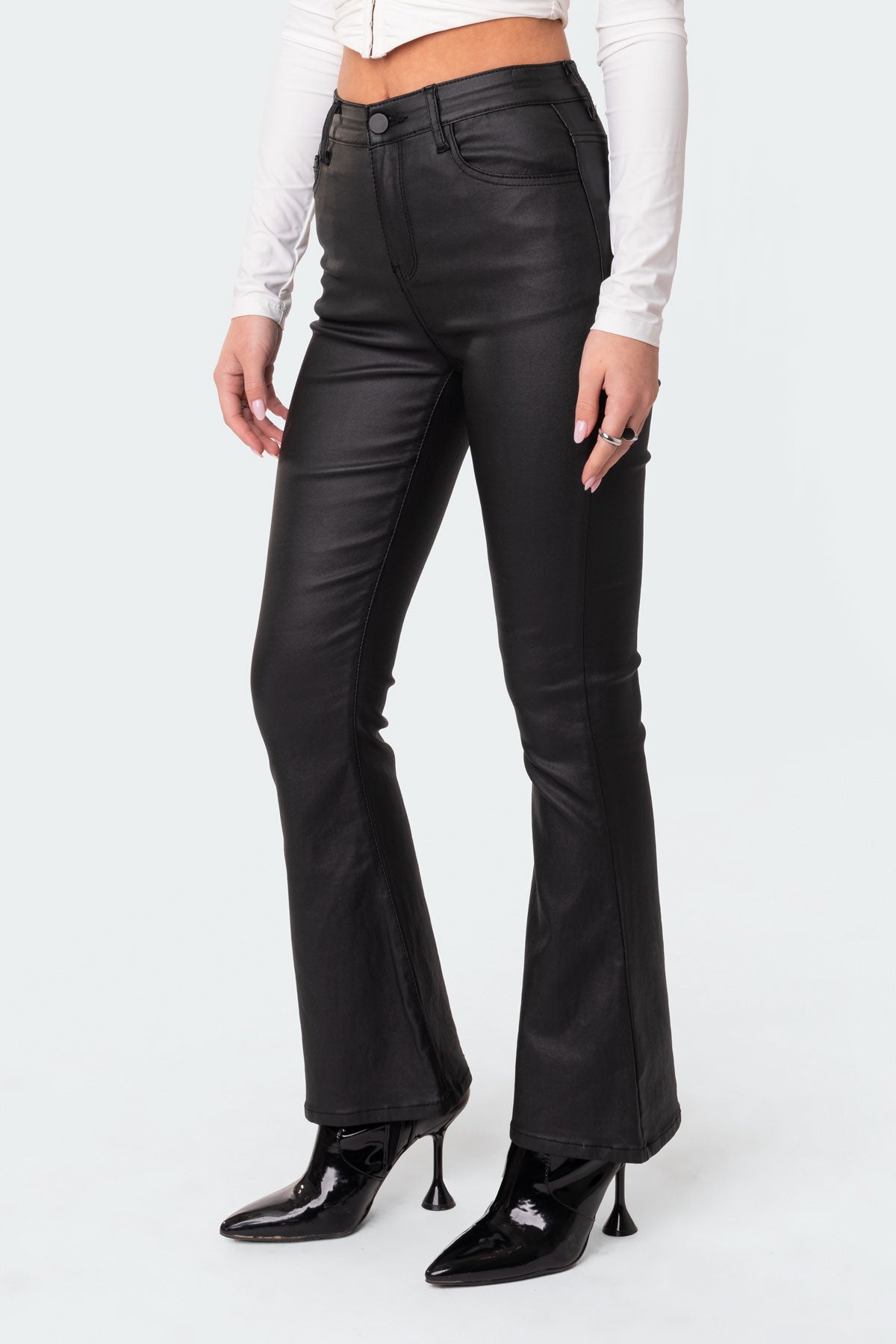 Petite Luna Faux Leather Flare Jeans-Milans Time