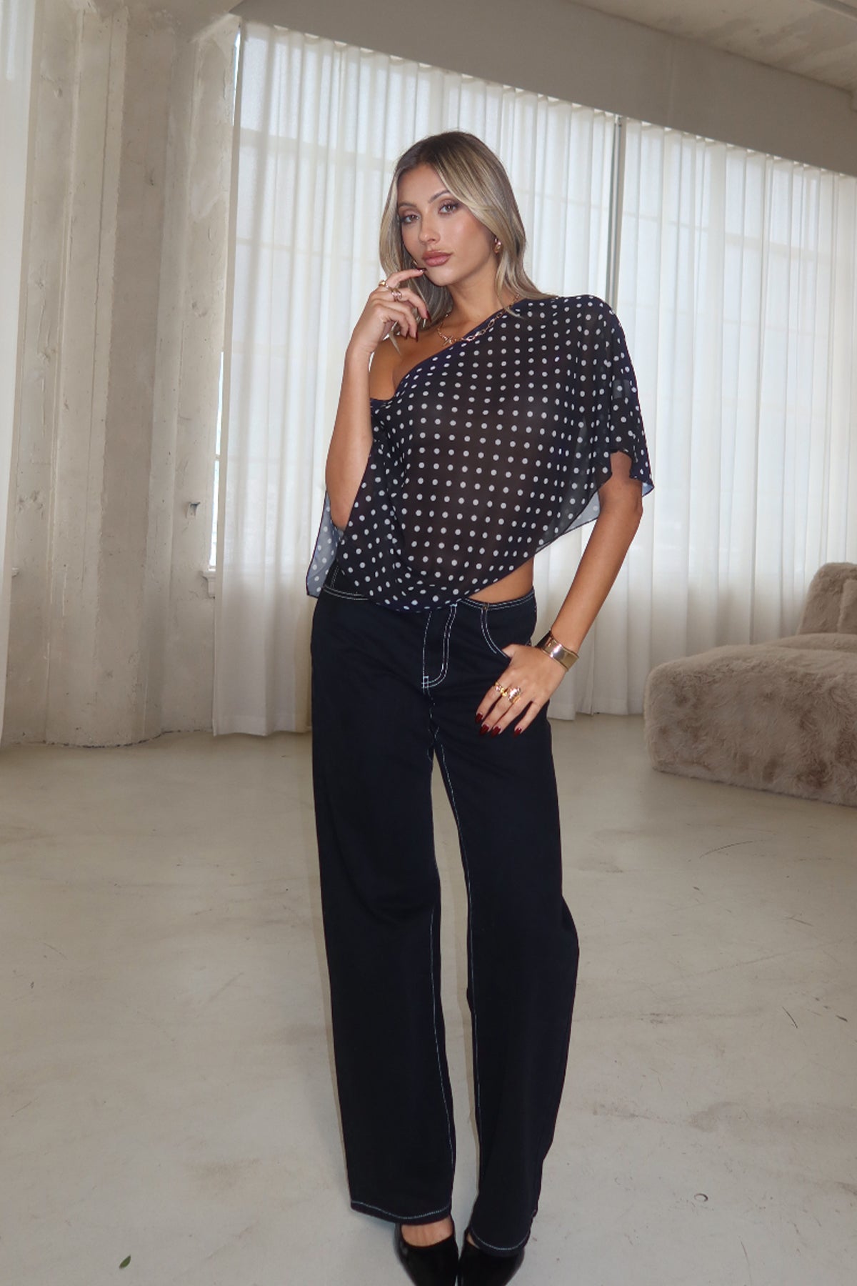 Sheer Chiffon Asymmetric Polka Dot Poncho-Milans Time