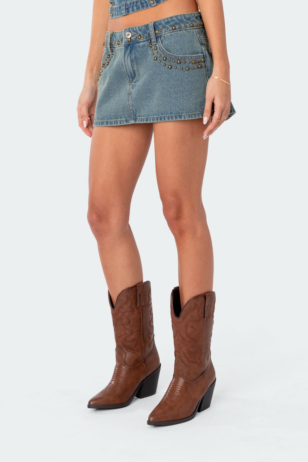 Studded Low Rise Washed Denim Mini Skirt-Milans Time