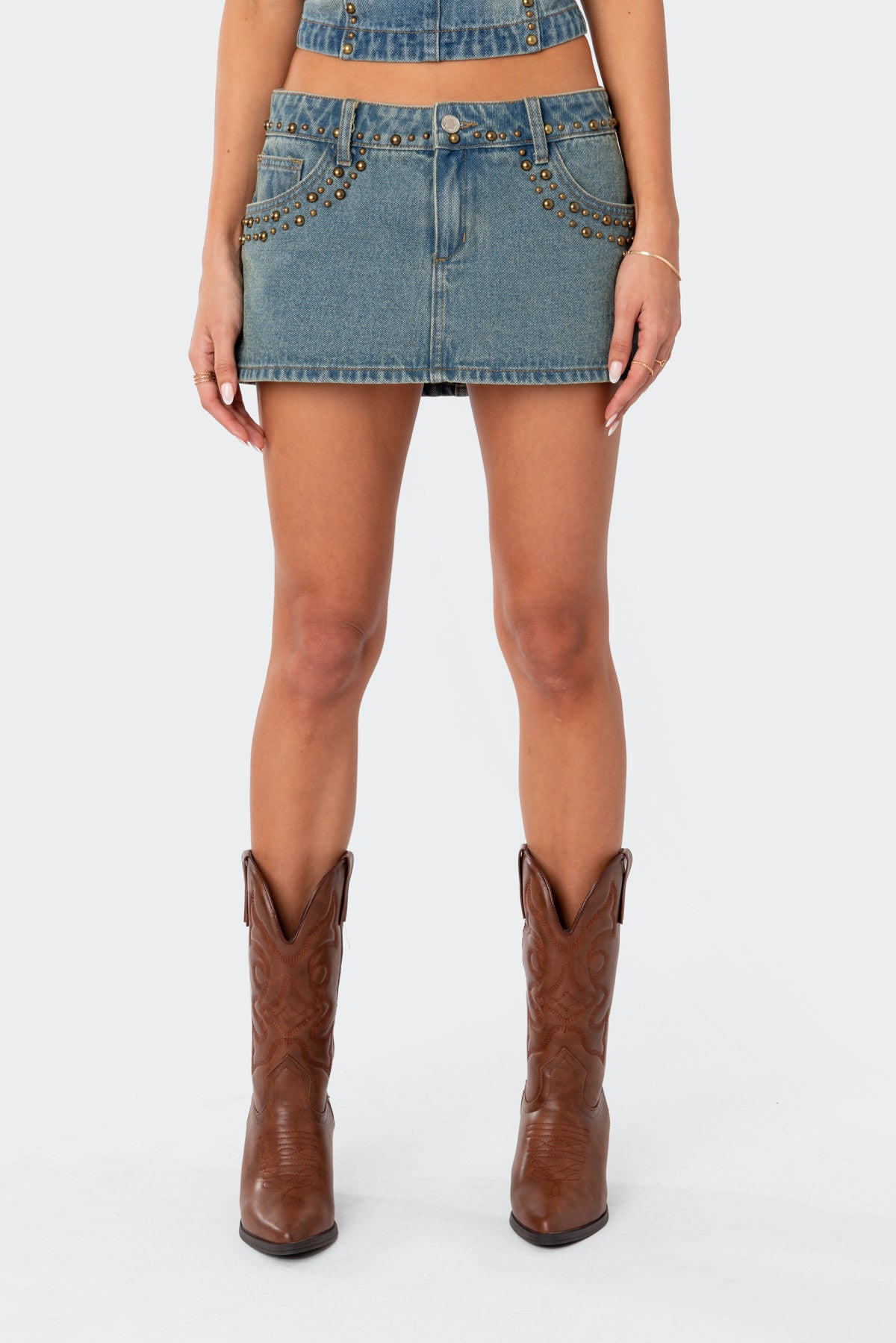 Studded Low Rise Washed Denim Mini Skirt-Milans Time