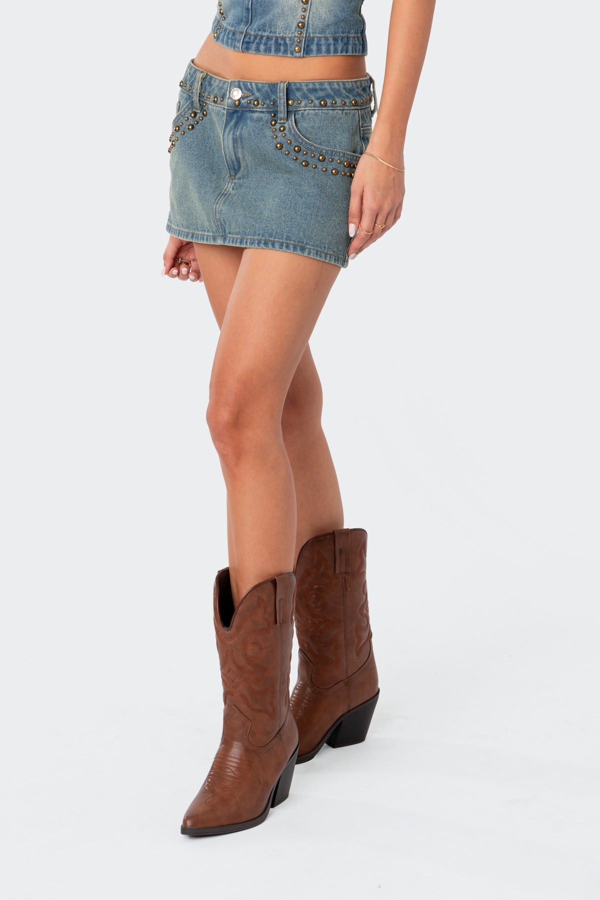 Studded Low Rise Washed Denim Mini Skirt-Milans Time