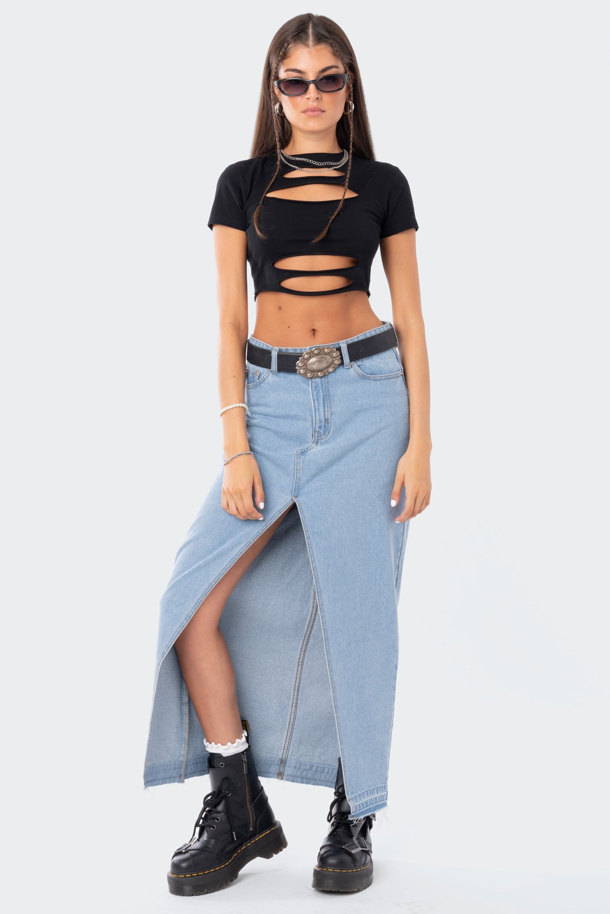Front Slit Maxi Denim Skirt-Milans Time