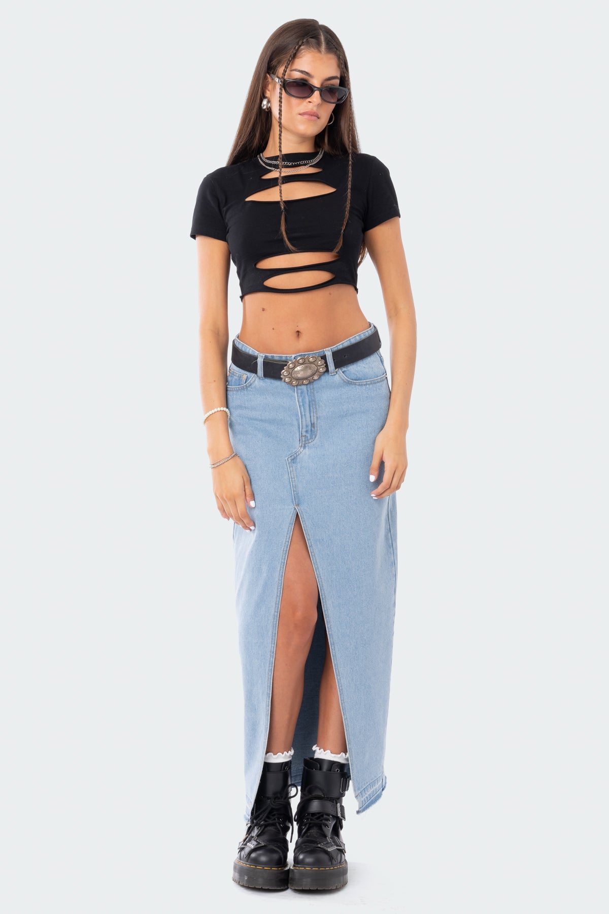 Front Slit Maxi Denim Skirt-Milans Time