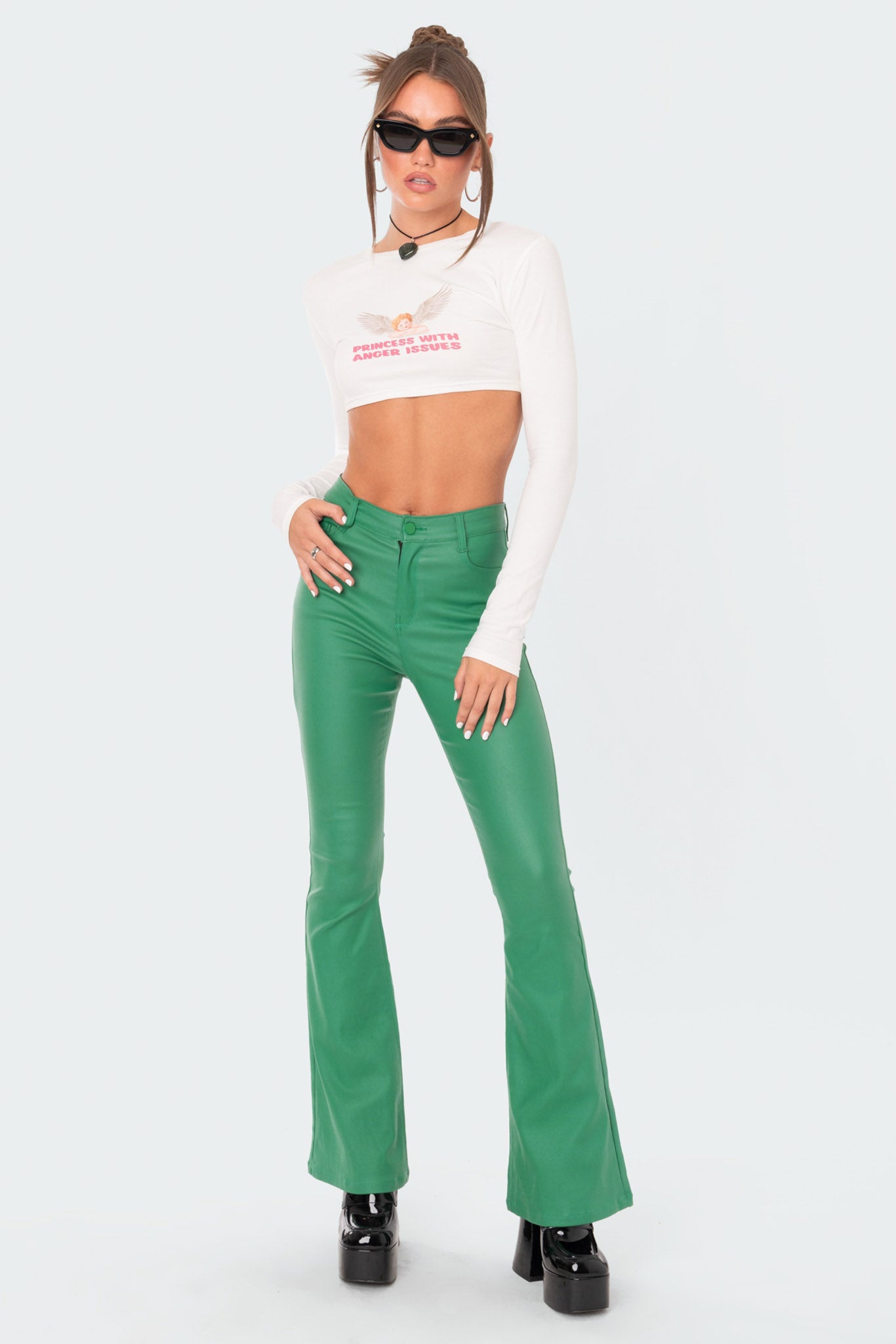 Luna Faux Leather Flare Jeans-Milans Time
