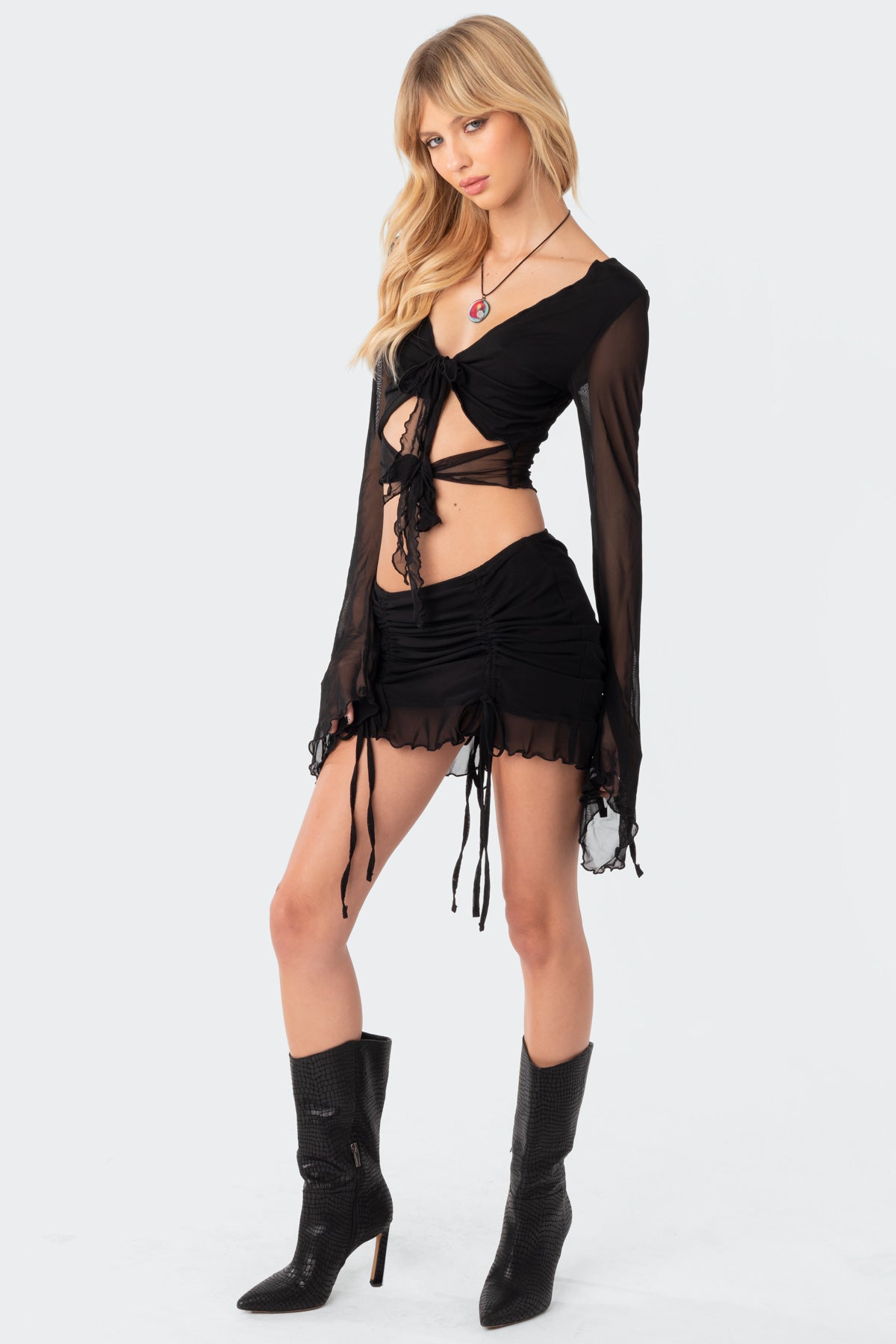 Indigo Tie Front Mesh Crop Top-Milans Time