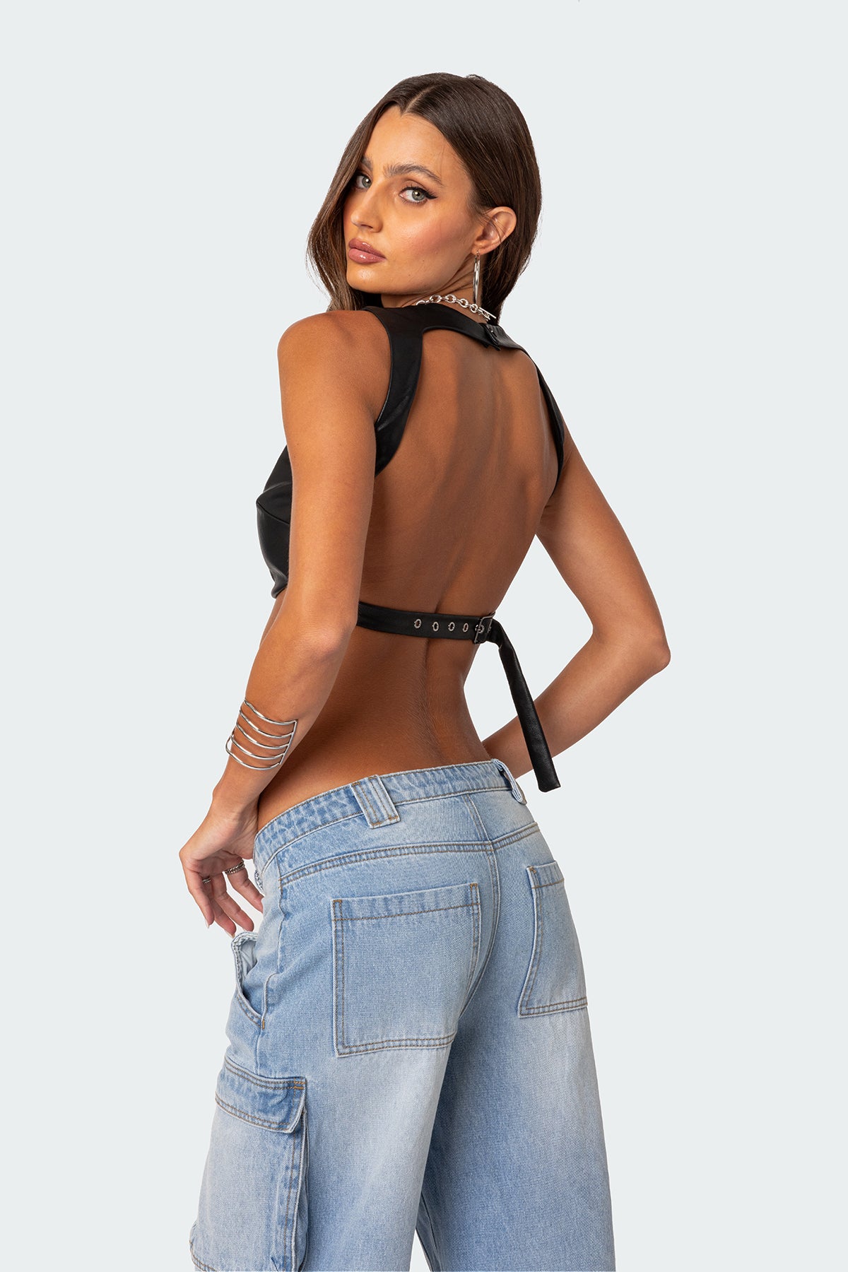 Porsha Open Back Faux Leather Crop Top-Milans Time