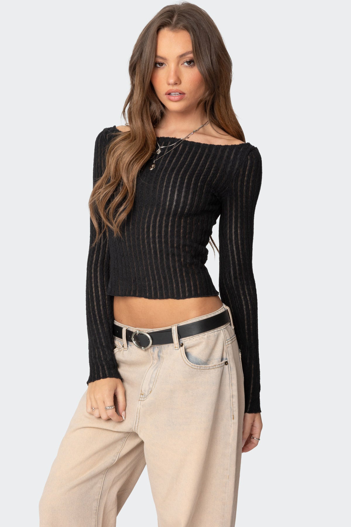 Textured Sheer Boat Neck Top-Milans Time