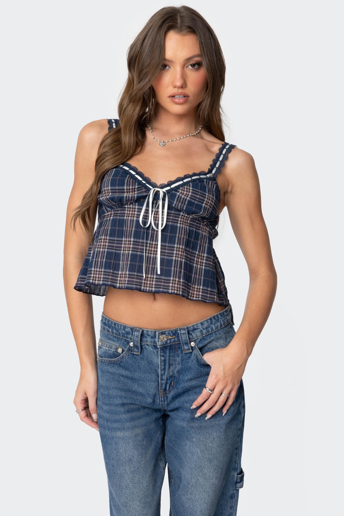 Plaid Lace Trim Tank Top-Milans Time