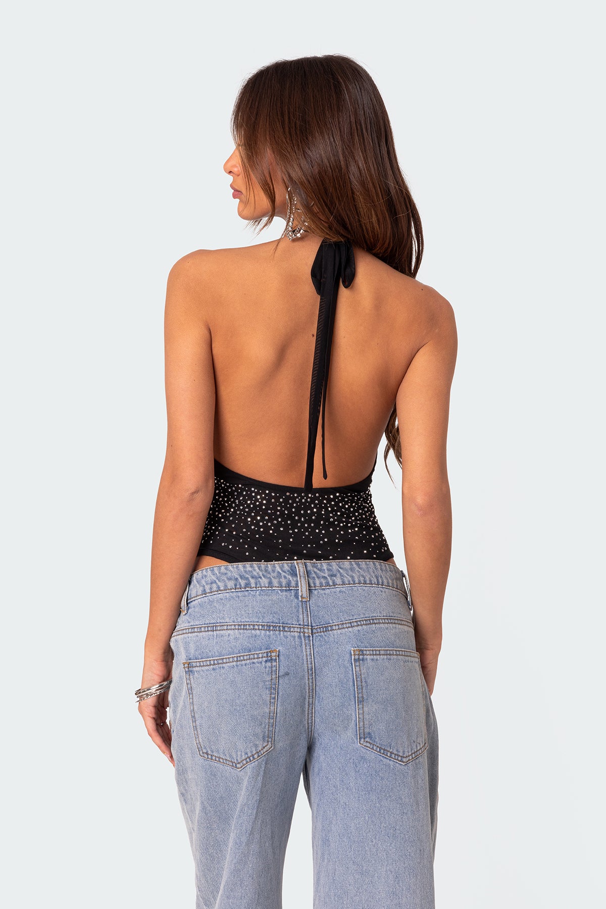 Open Back Mesh Rhinestone Bodysuit-Milans Time