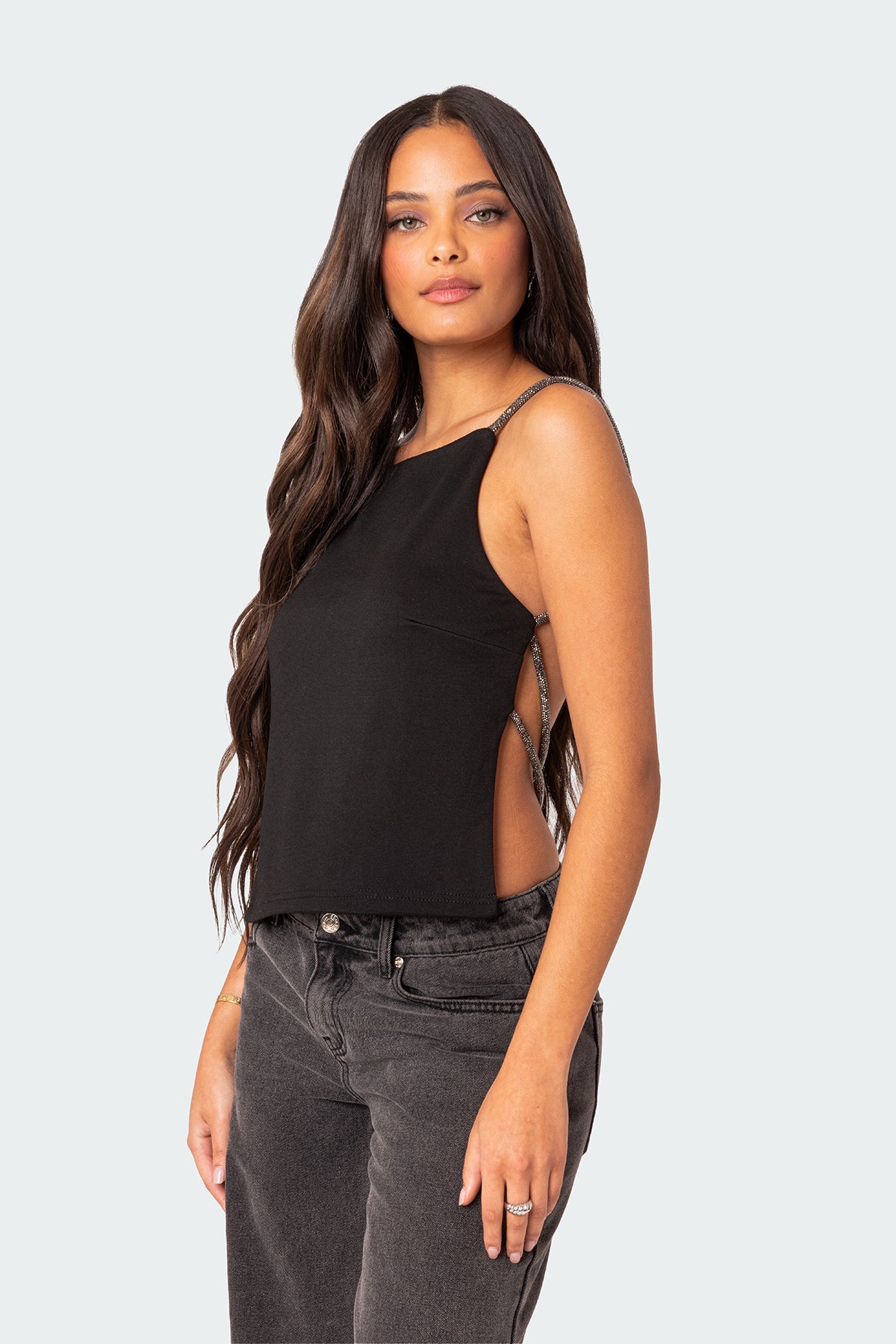 Karli Rhinestone Strap Open Back Top-Milans Time