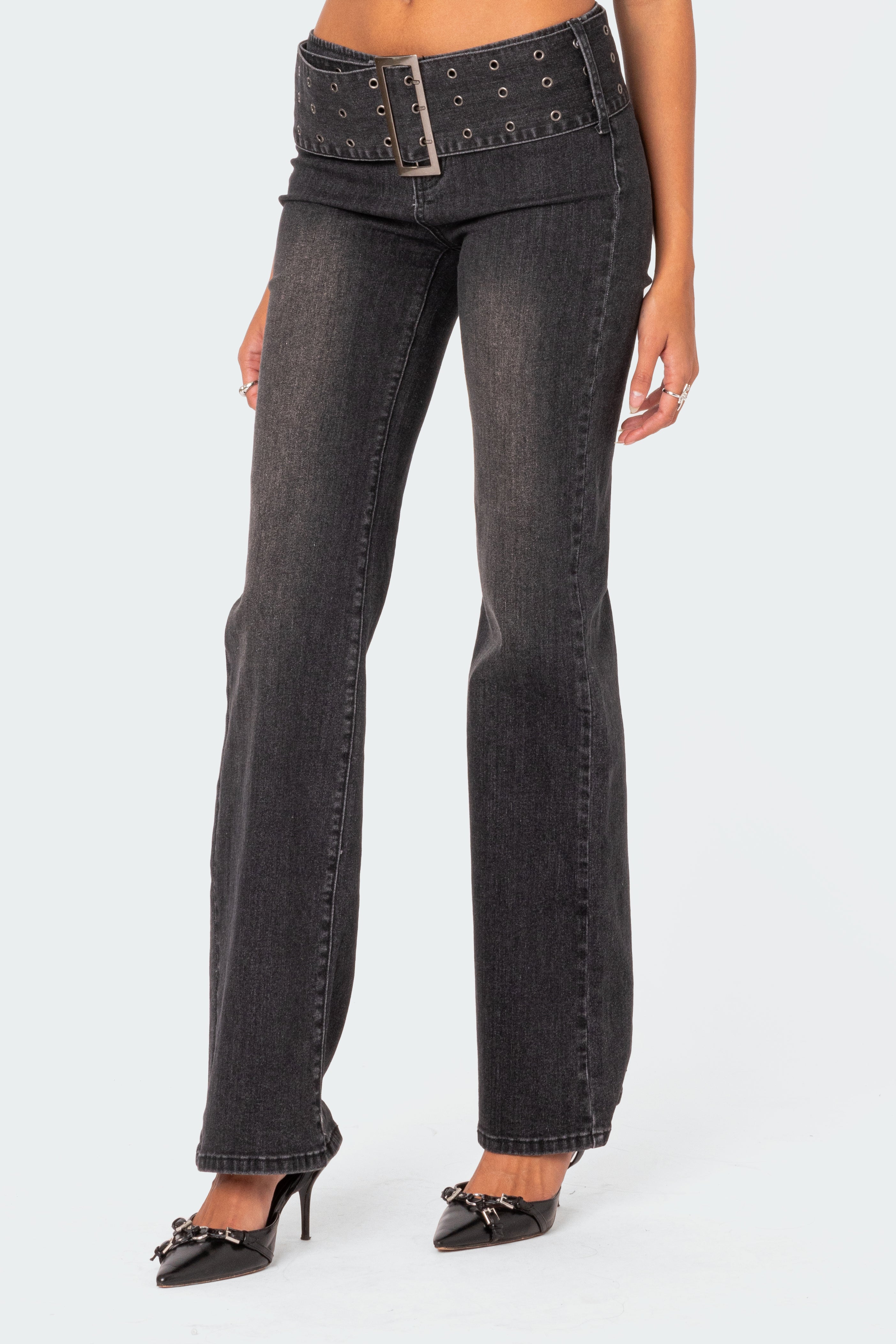 Buckle Belt Washed Low Rise Flared Jeans-Milans Time