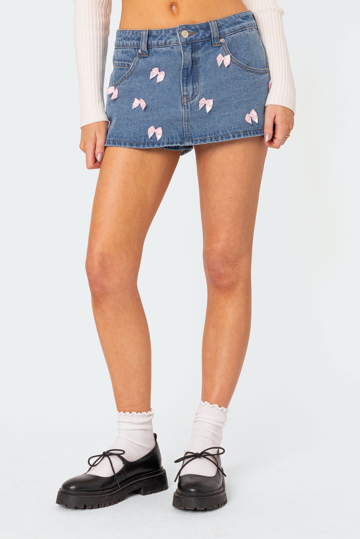 Alivia Satin Effect Bow Denim Micro Skort-Milans Time