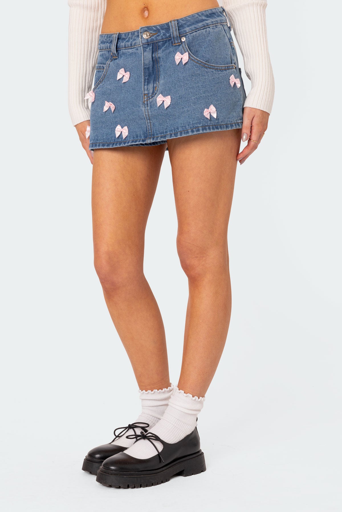 Alivia Satin Effect Bow Denim Micro Skort-Milans Time